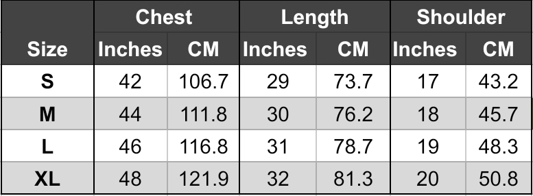 Size chart for Higher Himalayan Hemp Shirts